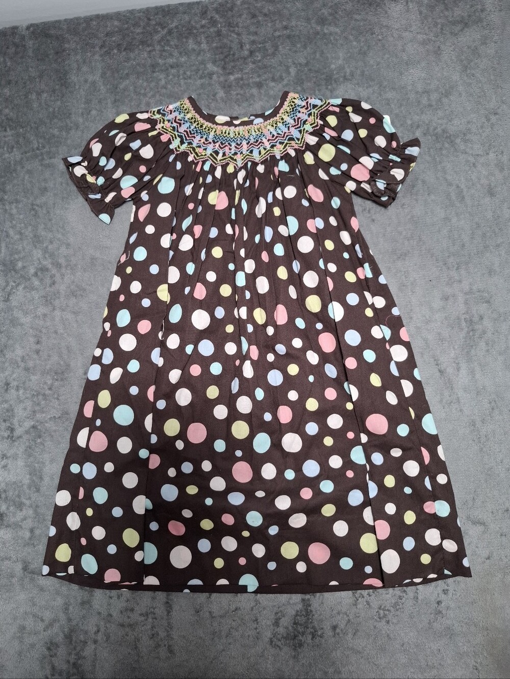 Petite Palace Girls Brown Polka Dot Zigzag Bishop Smocked Casual Dress Size 3T